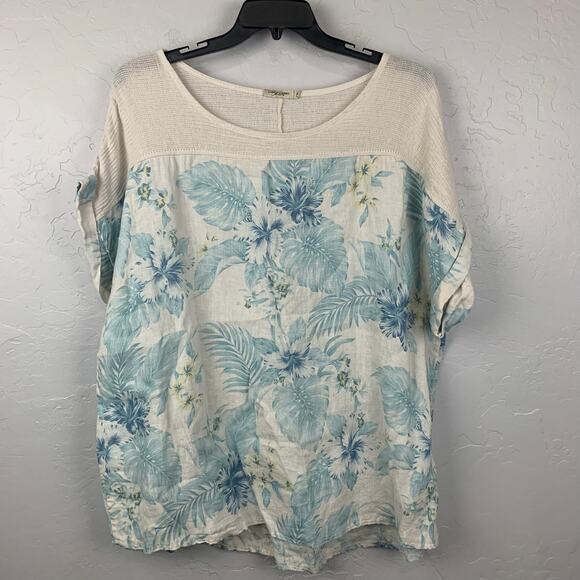 Made in Italy 100% Linen Top Womens Size 3X Cream Blue Floral Flowy Cap Sleeve - Picture 1 of 9